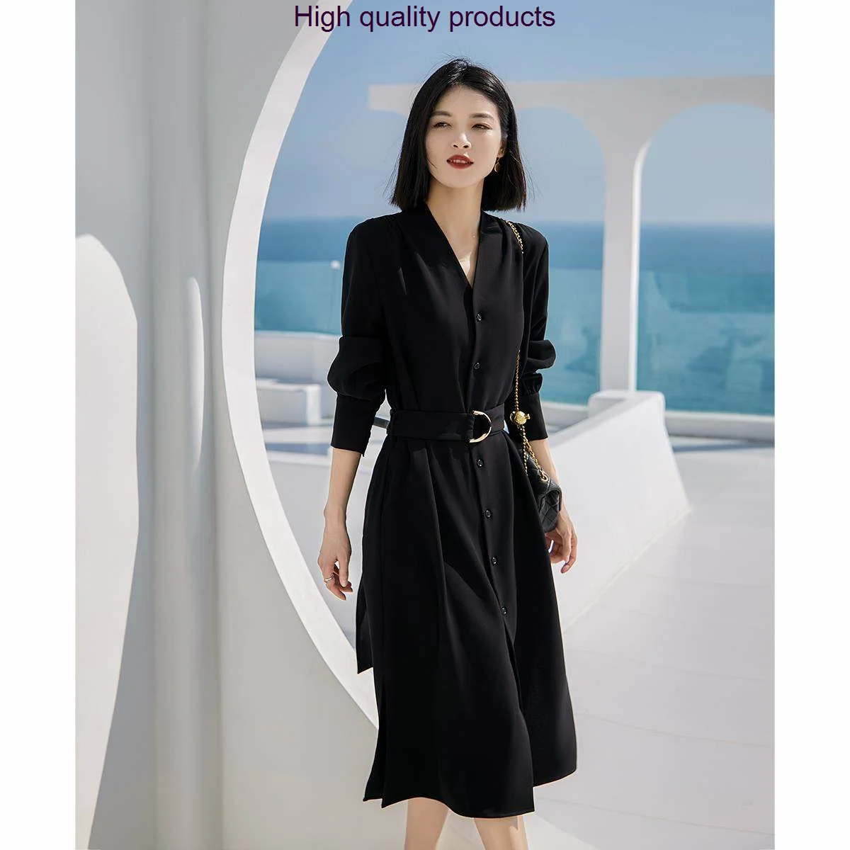 

Shirt French Collar Gentle Women Solid Mid-Calf A-Line Single Breasted With Belt 2023 Spring Office Lady Black Dress