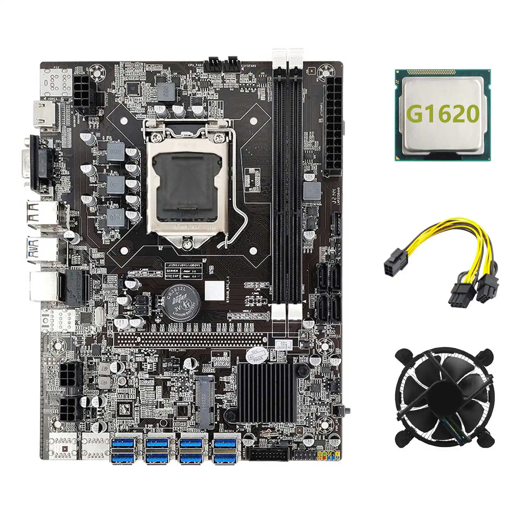 

B75 ETH Mining Motherboard 8XPCIE to USB+G1620 CPU+Cooling Fan+6Pin to Dual 8Pin Cable LGA1155 B75 BTC Miner Motherboard