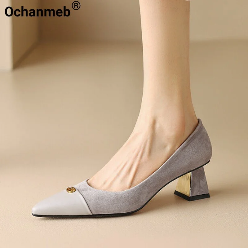 

Ochanmeb Women Sheep Suede Pumps Block Medium Heels Pointed Toe Shoes Metal Decor Slip-ons Suede Patchwork Shoe Ladies Office 42
