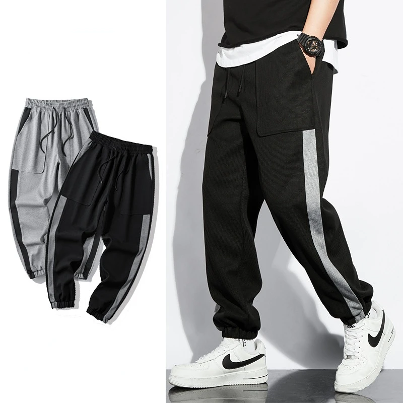 

DEEPTOWN Waffle Harem Pants Men's Casual Trousers Male Loose Fit Streetwear Black Gray Side Striped Jogging Hip Hop Fashion 4XL