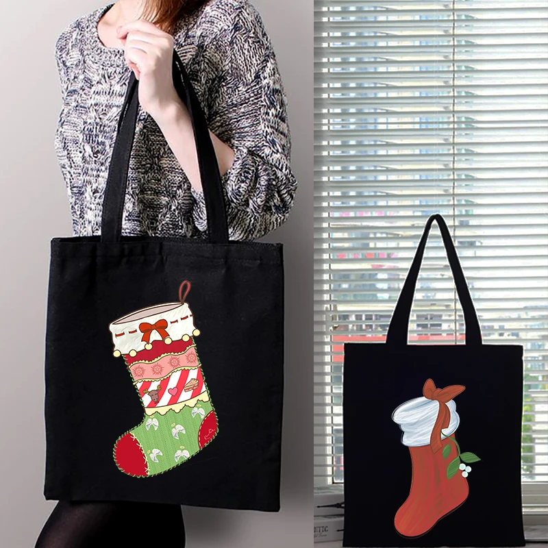 

Холщовая Сумка-тоут, сумка, рождественские сумки для покупок в виде носков, женские корейские тканевые дизайнерские сумки с принтом на зака...
