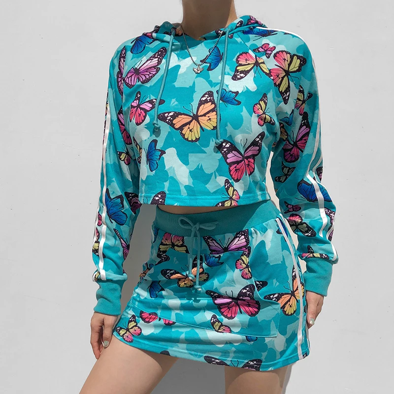 

Butterfly Tie Dye Print Sweatshirts 2021 Autumn Casual Fashion Hoodies Two Piece Set Women Crop Tops Outfits Suit Y2K Tracksuits