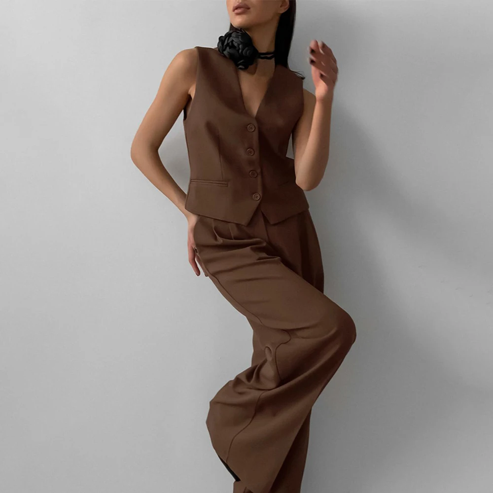 Винтажный коричневый брючный комплект для женщин элегантный офисный женский