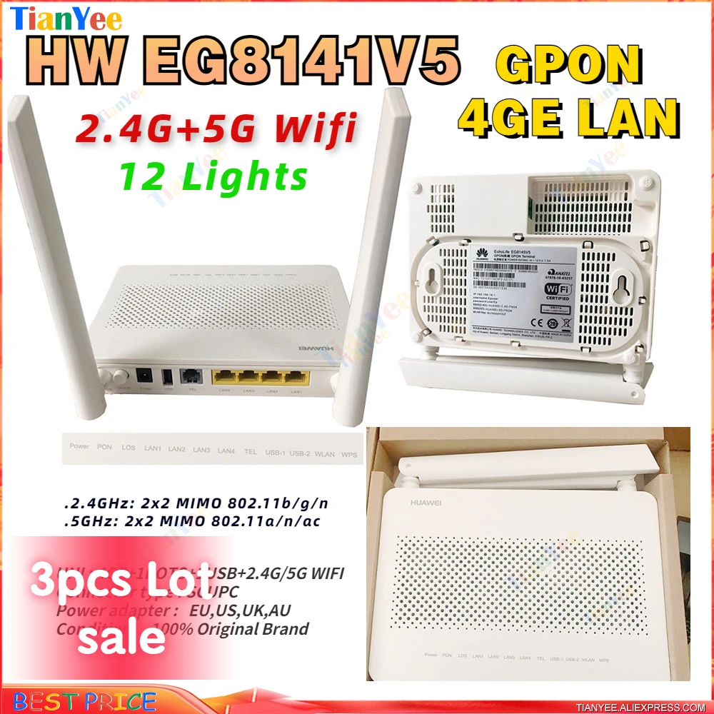 3pcs 12-lights 100% New original EG8145V5 Gpon ONU router GE FTTH 4GE + 1POTS+1USB+ 2.4G/5G + wifi English modem