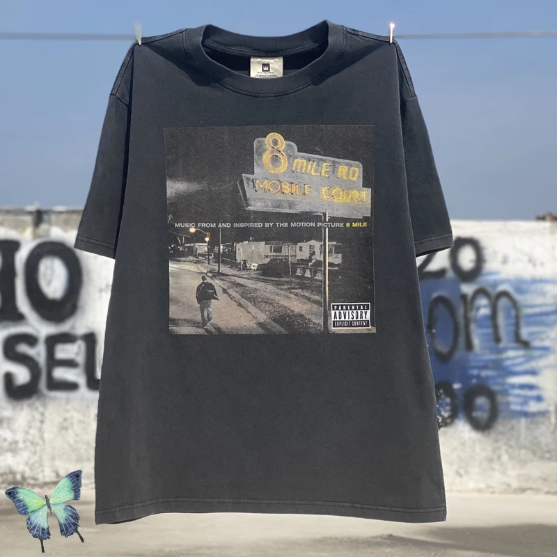 

Eminem 8 Miles Commemorative T-shirt Retro Old Heavy Washed Short Sleeves T Shirt