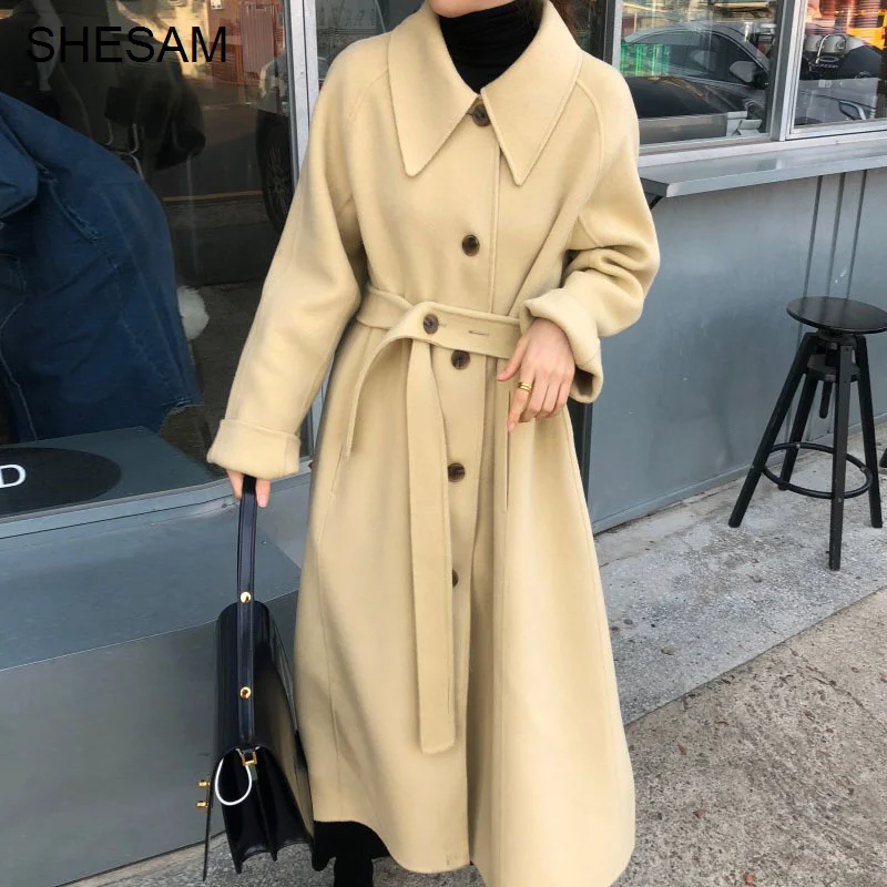 

Korean Trench Coat Chic Autumn French Elegant Single Breasted Waist Coat Imitation Cashmere Knee Length Wool