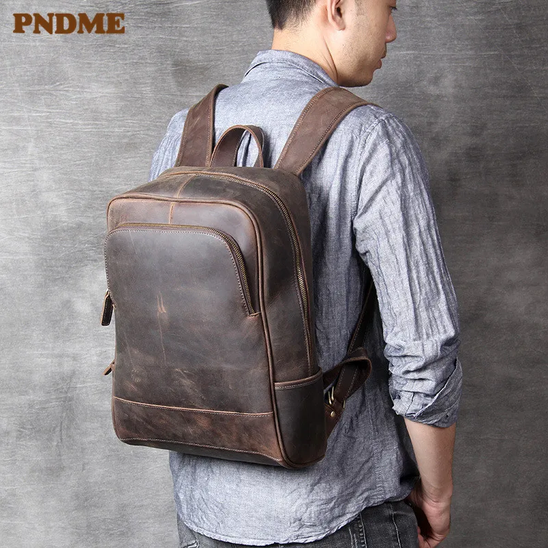 PNDME simple vintage genuine leather men laptop backpack fashion luxury crazy horse cowhide work weekend travel bagpack bookbag