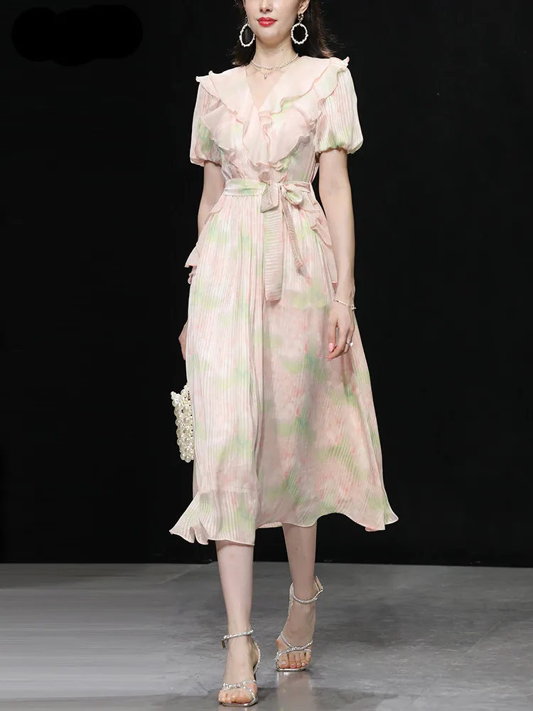 

SuperAen Women's Summer 2022 New Retro Pink Lantern Sleeve High Waist V Neck Print Dress Long Dress