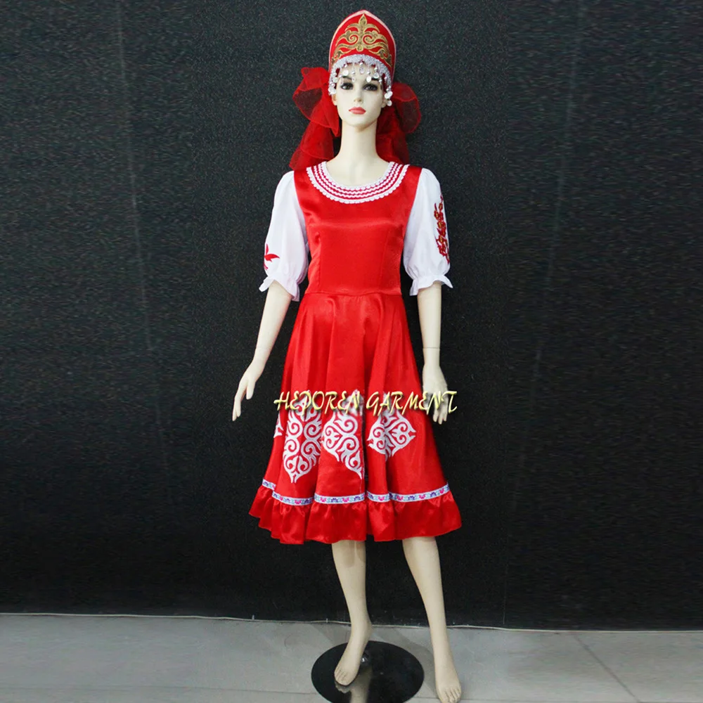 High Quality Customized Traditional Russian Costume, Russia National Dress With Headwear Red Color For Adult Or Children HF018