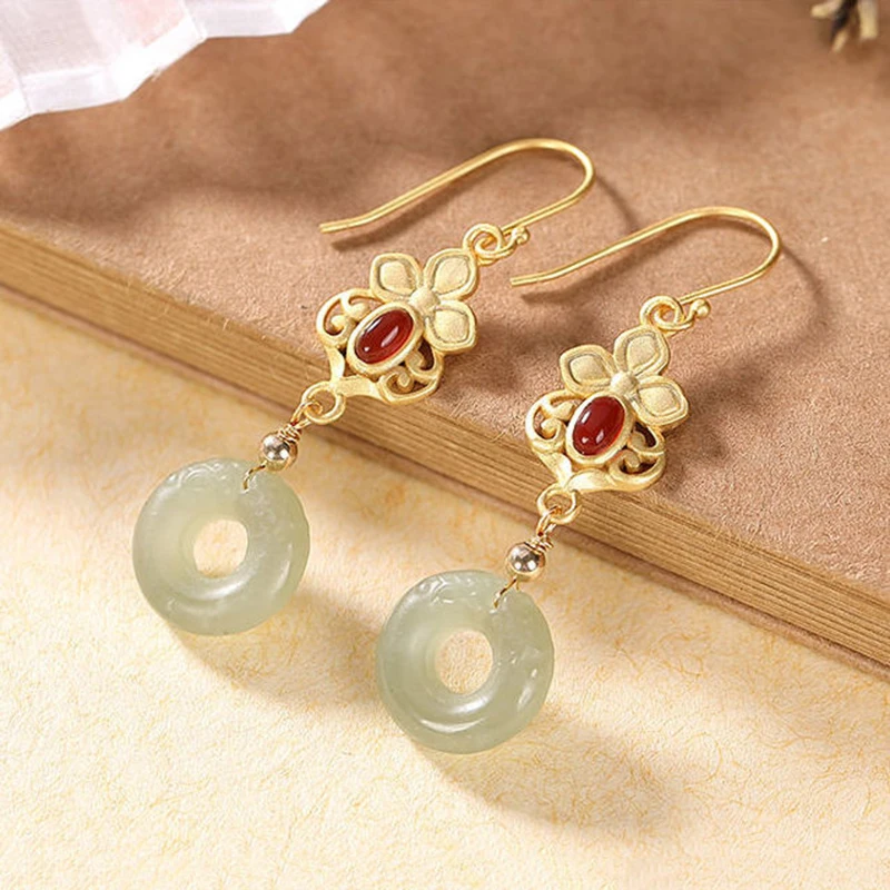 

Ancient gold craftsmanship natural Hetian jade long earrings inlaid with southern red tourmaline luxury charm ladies jewelry