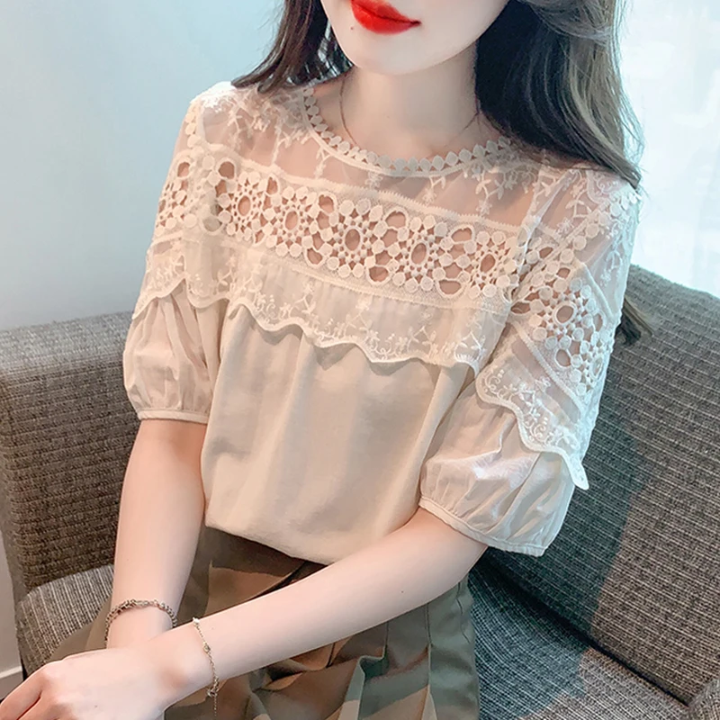 

Женская блузка с коротким рукавом, кружевная простроченная Элегантная блузка с круглым вырезом, свободные ажурные дамские повседневные топы для кукол, модель 2023 на лето, 27362