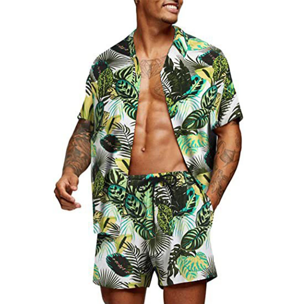 

Men's Hawaii Suit Fashion Men Sets Mens Solid Color Summer Print Causal Short Sleeve Shirt+Shorts Two Pieces Men Casual Suit