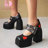 big size 34 43 brand new ladies platform pumps fashion heart buckle thick high heels women pumps party ol sexy shoes woman