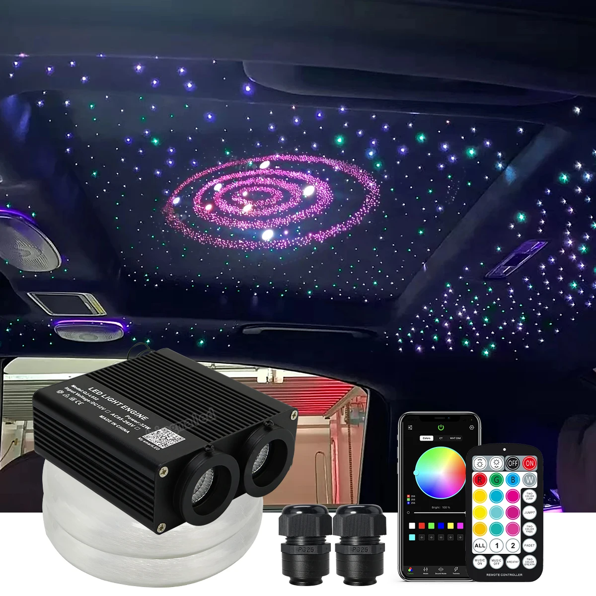 32W RGBW LED Fiber Optic Light Dual Heads Fiber Optic Star Ceiling Light kit Bluetooth app Car Roof Starry Sky Kid Room Ceiling