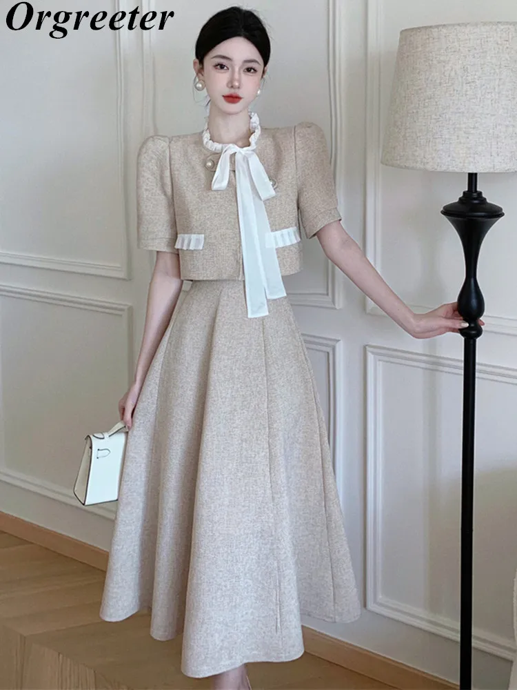 

Elegant Women's Two-Piece Suit Sweet Bow Lace Up Short Sleeve Shirt +High Waist Long Skirt Sets Crop Top Skirt 2 Piece Outfits