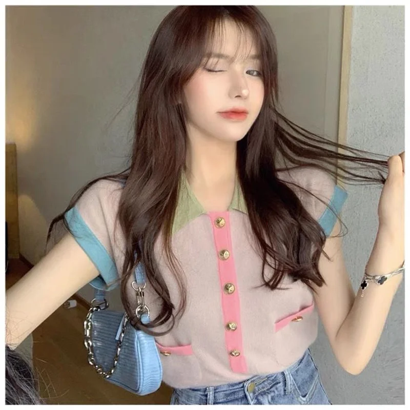 

New Polo Collar Thin Patchwork Colorful Knitwear Women Loose Short Sleeved Single Breasted T-shirt Korea Summet Knitted Tops