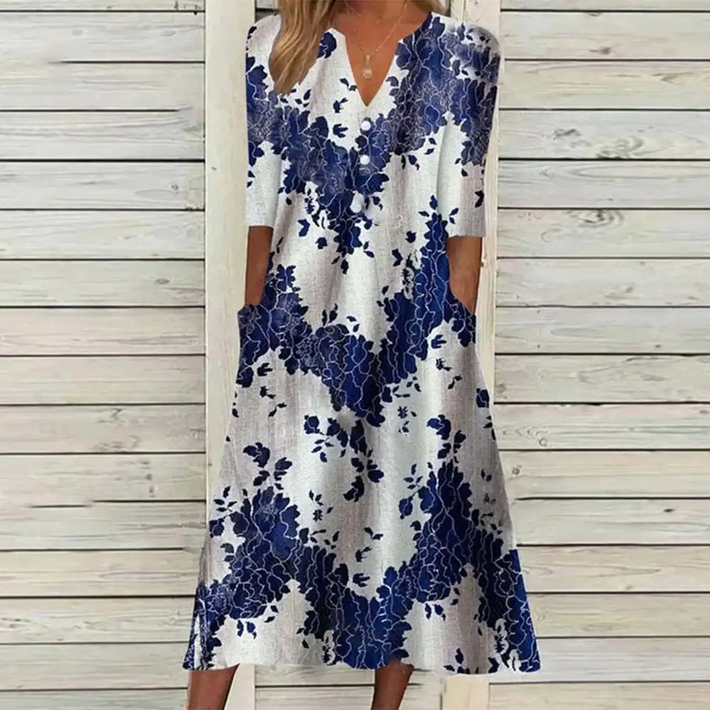 

Summer Women Casual Vintage Flower Print Midi Dress V Neck Pocket Short Sleeve Loose Beach Dresses Lady Maxi Femme Vestidos