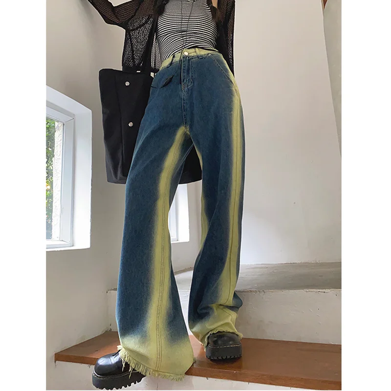 

2023 Hot sale Womens Jeans High Waist Vintage Straight Baggy Pants,Design Streetwear Gradient Color Hip Hop Summer Denim Wide L