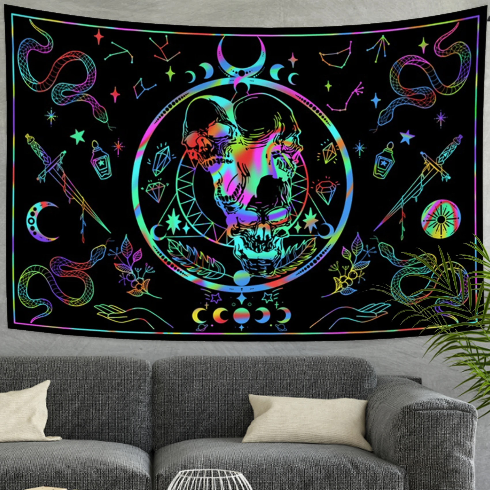 

Laeacco Black And White Skull Rune Art Tapestry Moth Snack Tarot Card Wall Hanging Cloth Home Psychedelic Background Wall Decor