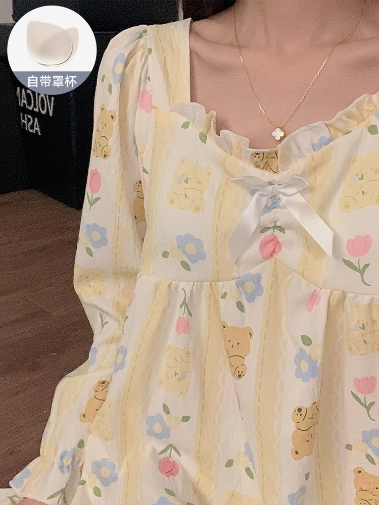 Princess Sle Nightdress Women's Belt Chest Pad Spring and Autumn Pure Cotton Sexy Cute Stripe Long sleeve Winter...