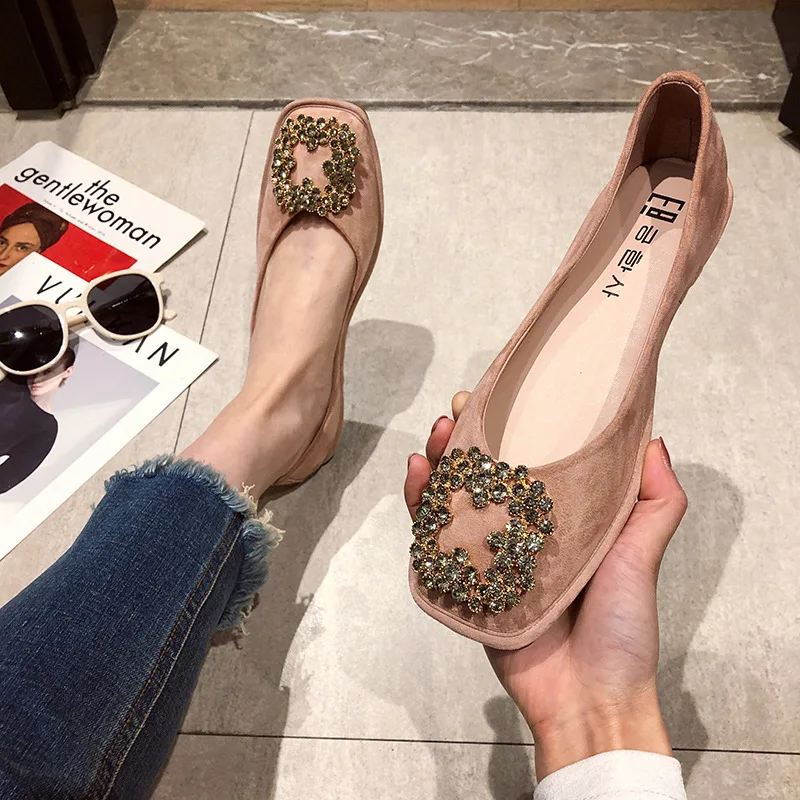 

Rhinestone Buckle Flat Shoes Woman Square Toe Mules Crystal Flower Beading Flats Ladies Comfy Moccasins Slip On Loafers Shoes