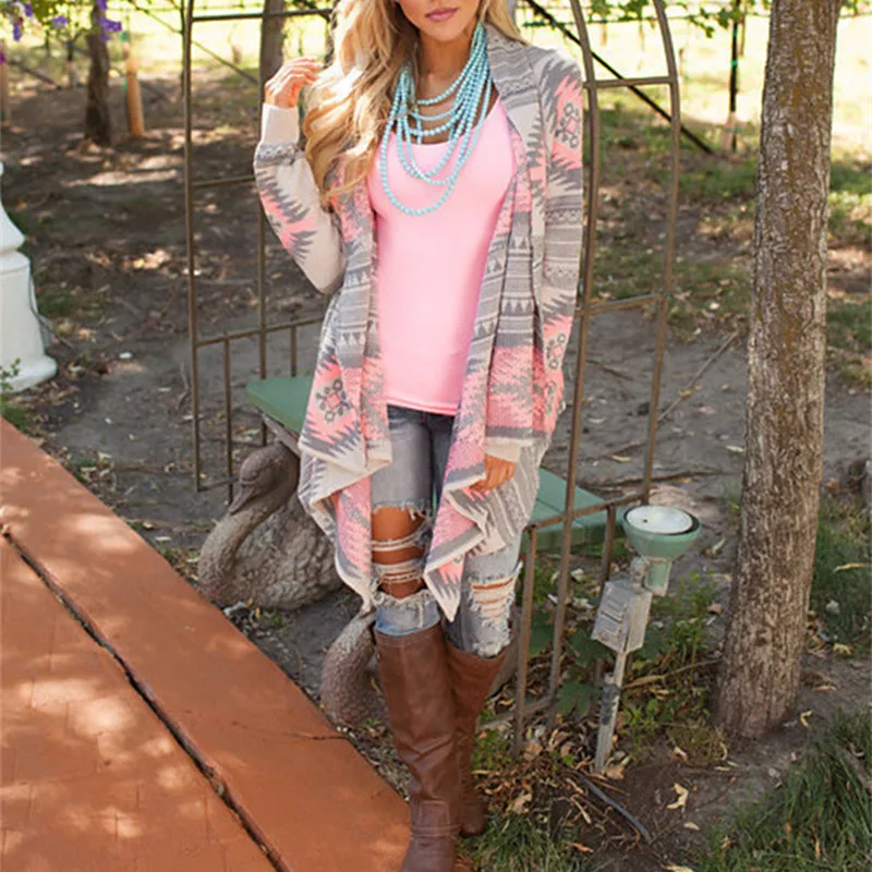 Women New Fashion Aztec Printed Long Sleeved Casual All-match Cardigans |