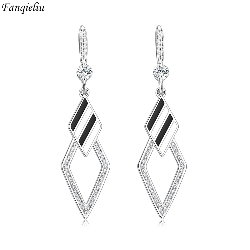 Fanqieliu Stamp 925 Silver Needle Zircon Long White Black Rhombus Drop Earrings For Women Trendy Jewelry Girl Gift New FQL21483