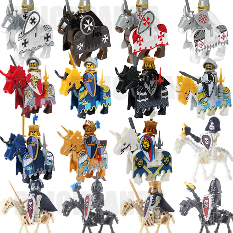 

MOC Medieval Military Knights Building Blocks Soldiers Figures Armored Horses Weapons Helmet Sword Bricks Assemble Toys Boy Gift