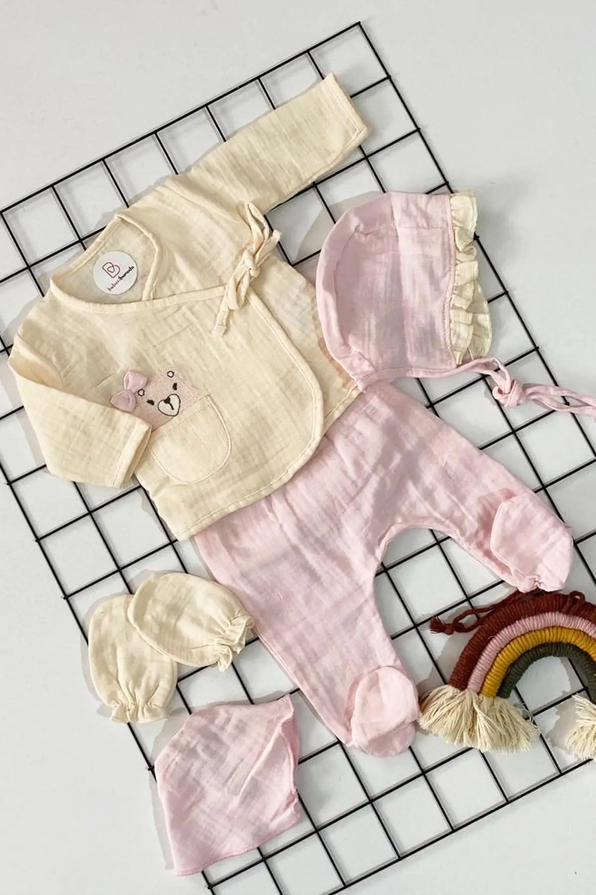 Organic Ayıcıklı Müslin Baby 5'li Hospital Output 0-3 Month Pink Outs Apparel