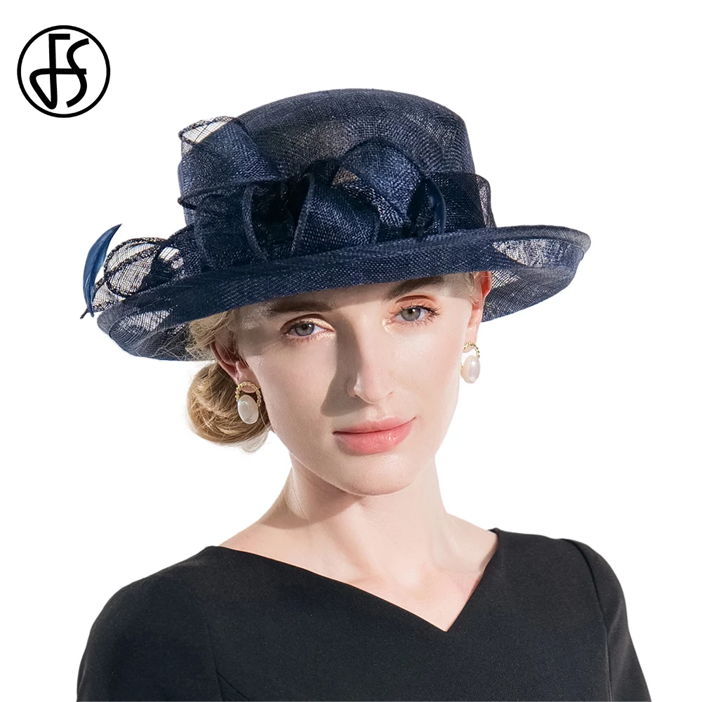 FS 2023 Sun Protection Hats For Women Deep Blue Feather Derby Cap Ladies Wedding Celebration Elegant Retro Fedoras Femme Female