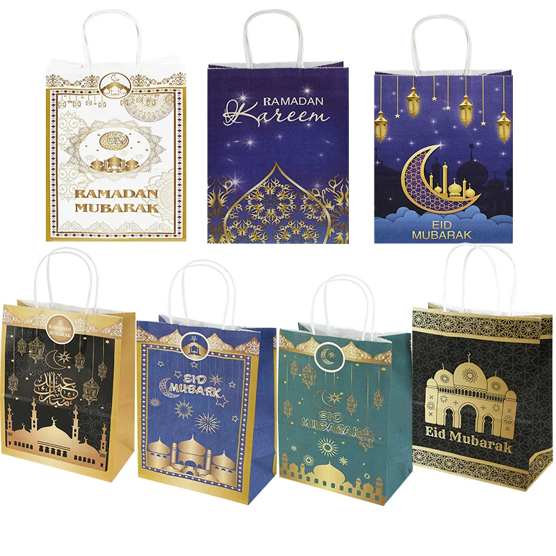 

10pcs Eid Mubarak Kraft Paper Gift Bags Muslim Islamic Festival Party Cookie Candy Packaging Bag Ramadan Kareem Favors Supplies