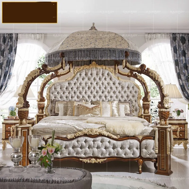 

Двуспальная кровать в европейском стиле на заказ, американская резная Вилла из цельной древесины, роскошная неоклассическая свадебная рамка во французском стиле