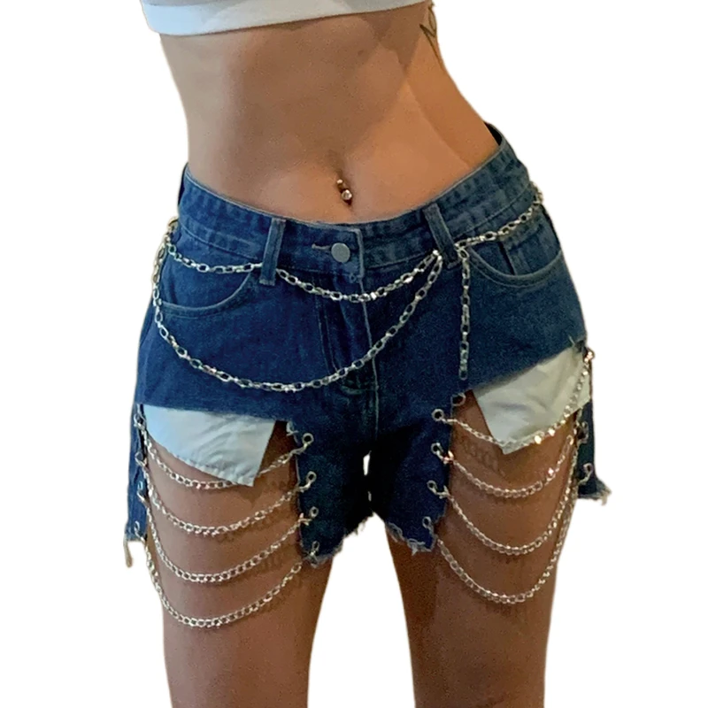 

y2k Women Denim Shorts Fashion Aesthetic Ripped Hollow Out Low Waist Stretchy Jeans Shorts with Chain Streetwear 2000s Clothes