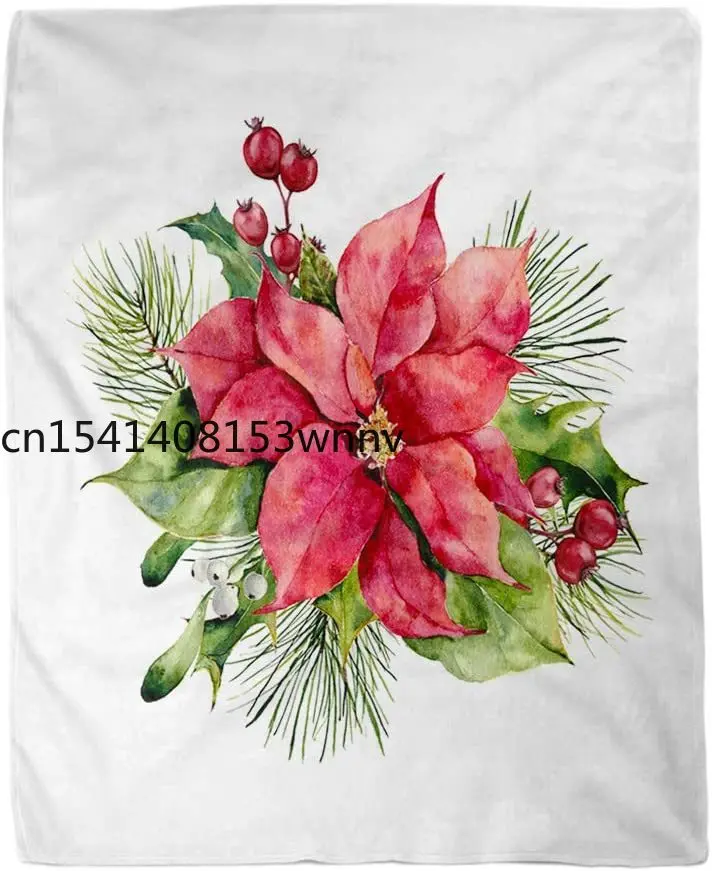 

Flannel Throw Blanket Watercolor Poinsettia Christmas Floral Traditional Flower and Plants Holly Home Decorative Warm Blanket