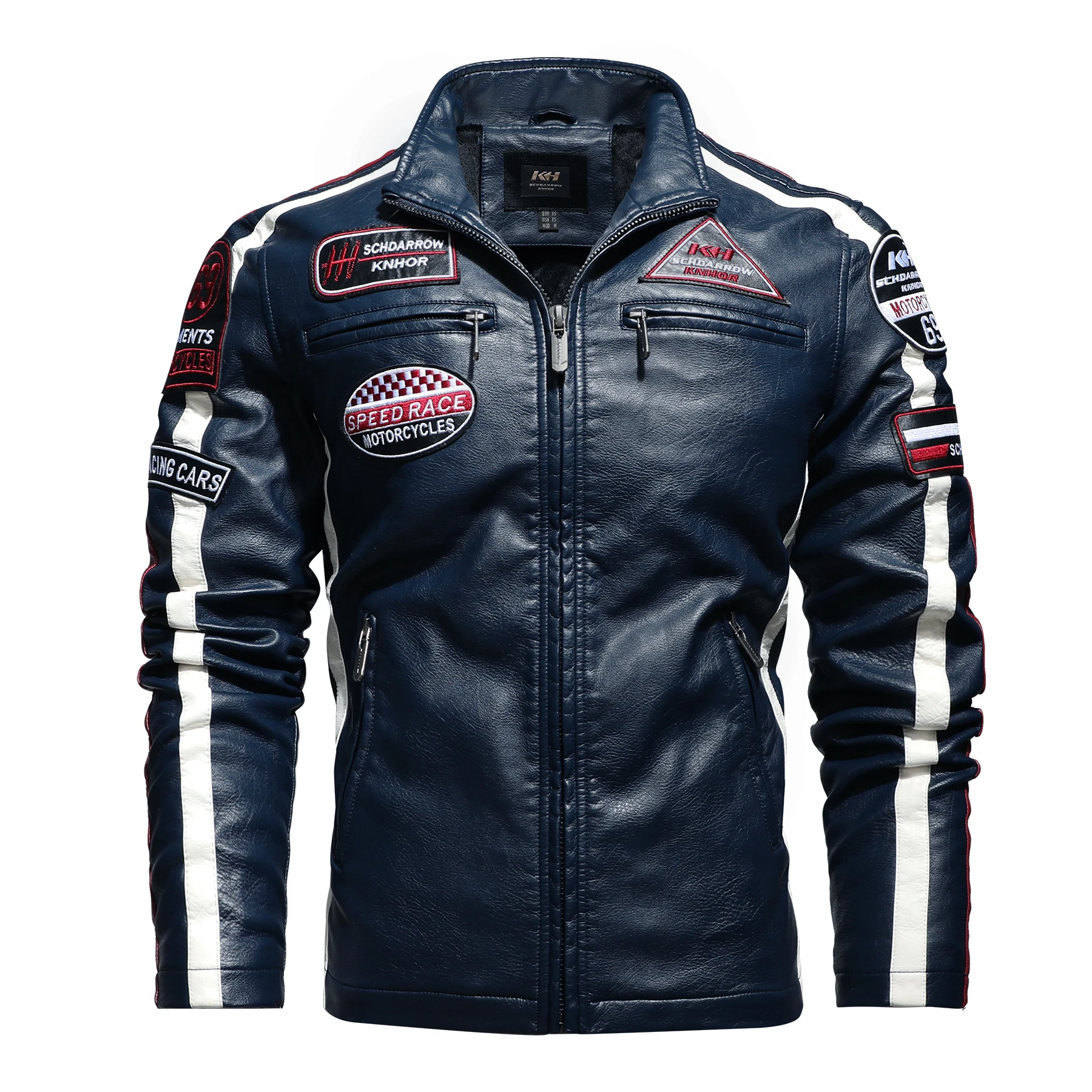 Men's Motorcycle Racing PU Leather Jacket Labeled Contrasting Color Fleece TOP