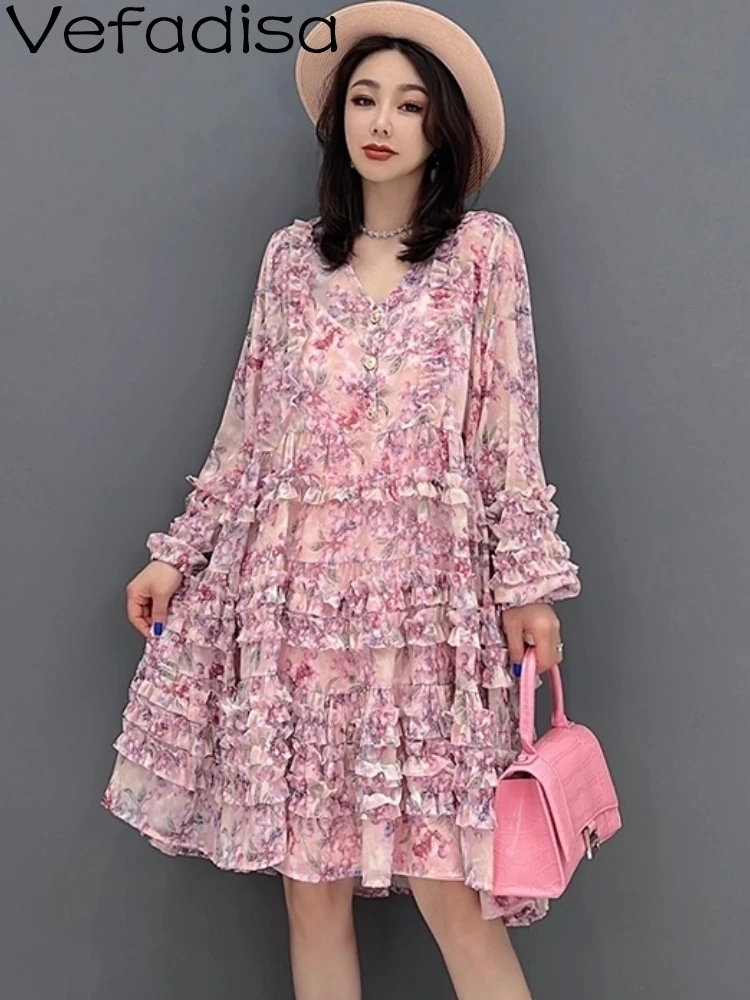

Осеннее модное платье-пуловер Vefadisa 2023 с V-образным вырезом, свободное шифоновое платье средней длины для отдыха с цветочным принтом, Розовое женское платье LHX3878