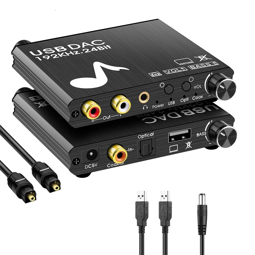 Фото USB DAC 192 кГц 24 бит Цифро-аналоговый преобразователь с регулировкой басов и громкости, коаксиальный и Toslink входы, аналоговые стереовыходы L/R RCA, разъем 3.5 мм №1