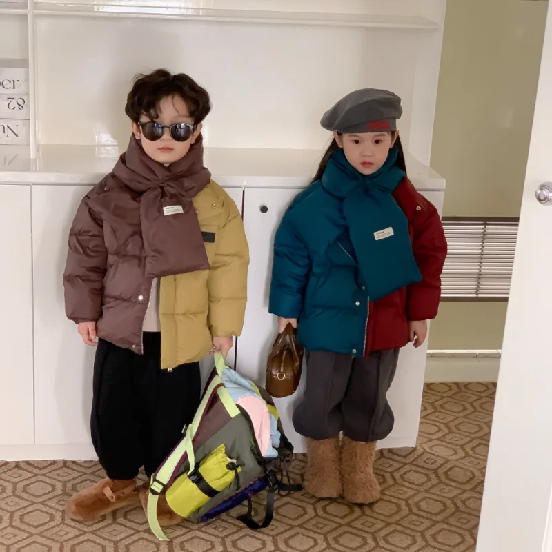 

HoneyCherry Winter Boys and Girls Colorful Down Jacket Children Zip Loose Warm Coat Free Scarf