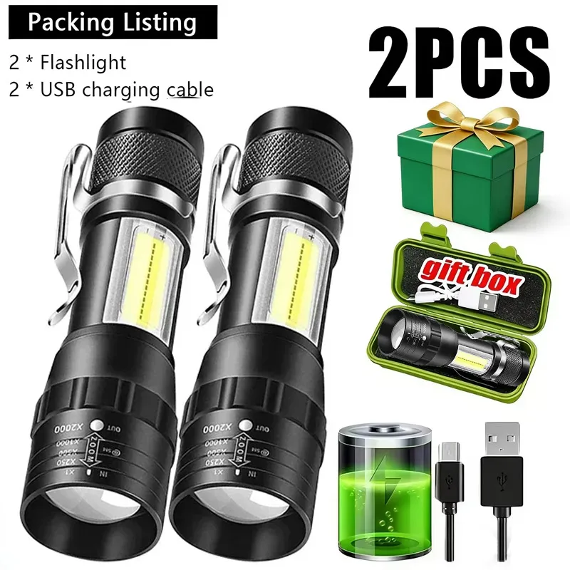 2Pack Mini LED Flashlight COB+XPE Portable Torch USB Charging Camping Lantern Zoomable Light Keychain Flashlight with Pen Clip