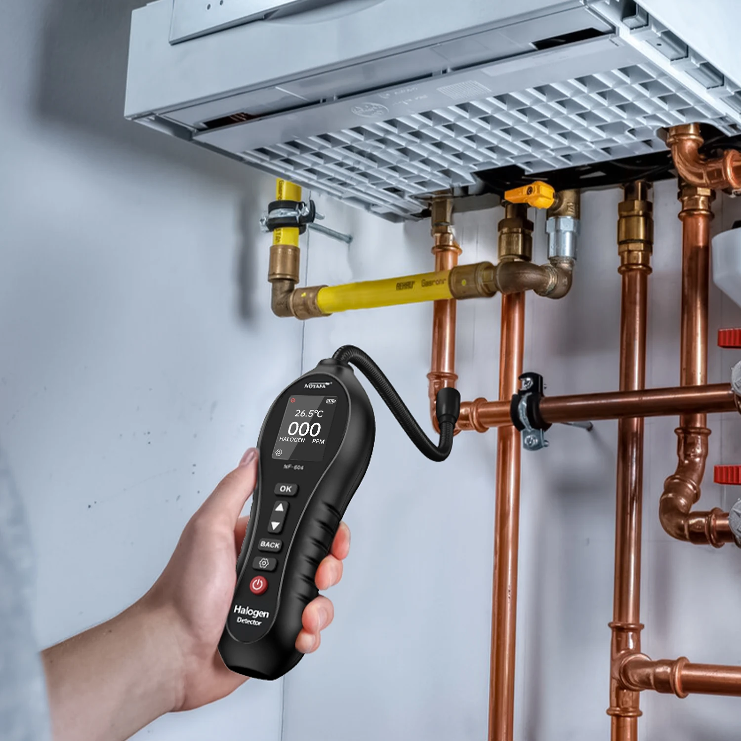 Фото Детектор утечки хладагента NF-604, газоанализатор для систем HVAC, тестер утечек фреона 0-1000ppm, детектор R22, R134a, R410A с зондом. №3
