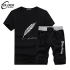 Костюм спортивный мужской из 2 предметов, однотонный спортивный Гавайский костюм, футболка с коротким рукавом и шорты, Повседневная модная одежда с принтом перьев, лето