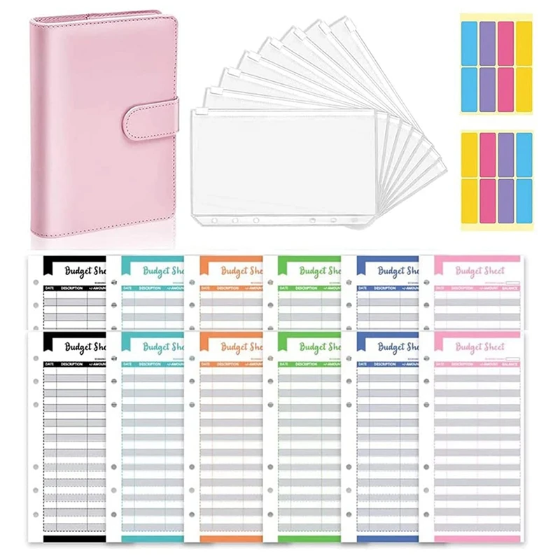 

A6 PU Leather Budget Binder With Zipper Envelopes, Macarone Color Ring Budget Binder With For Home School