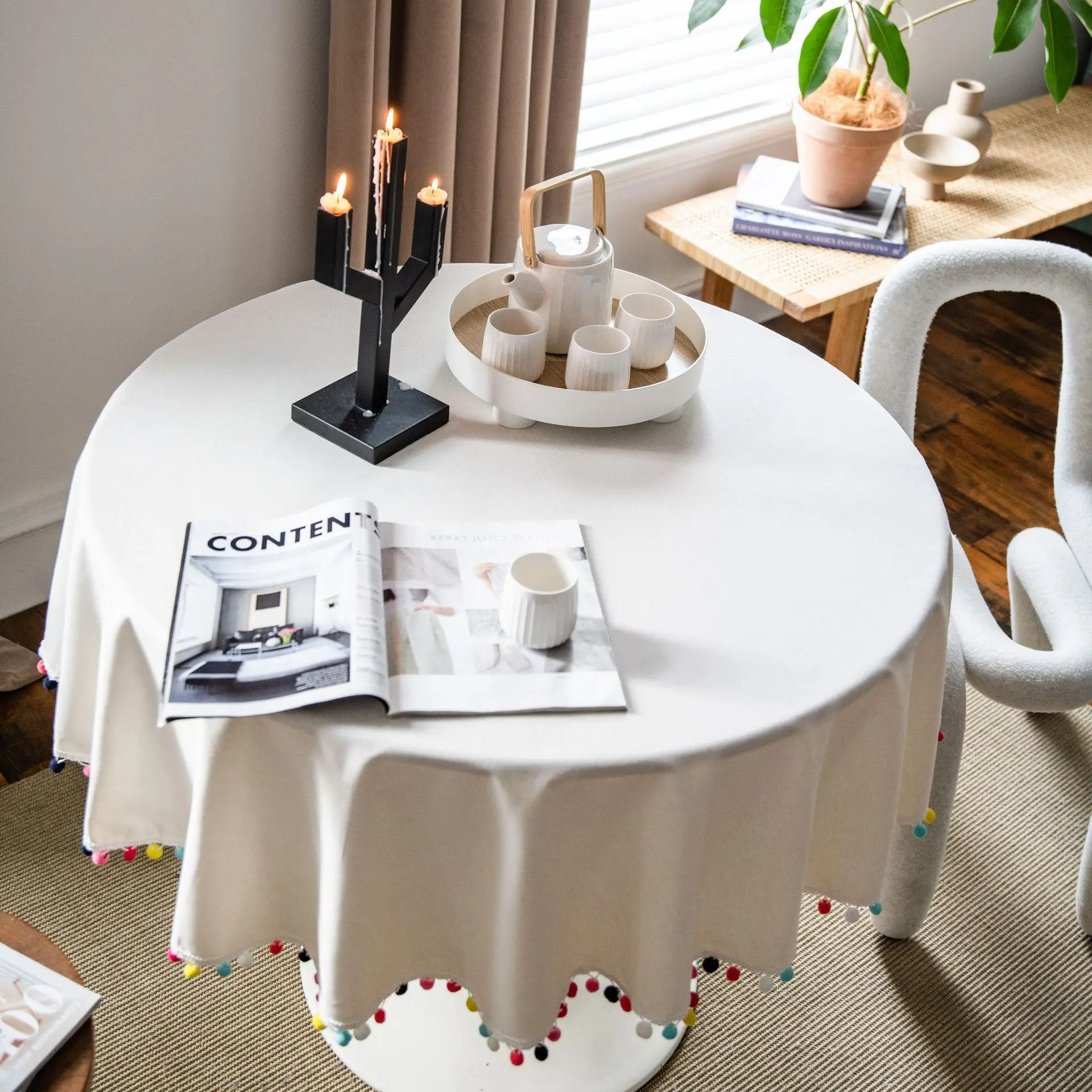 

Pompom Tassel Round Table Cloth Plain Color Cotton Linen Table Cover 150cm Table Linens for Home Reusable Overlay 2020ing