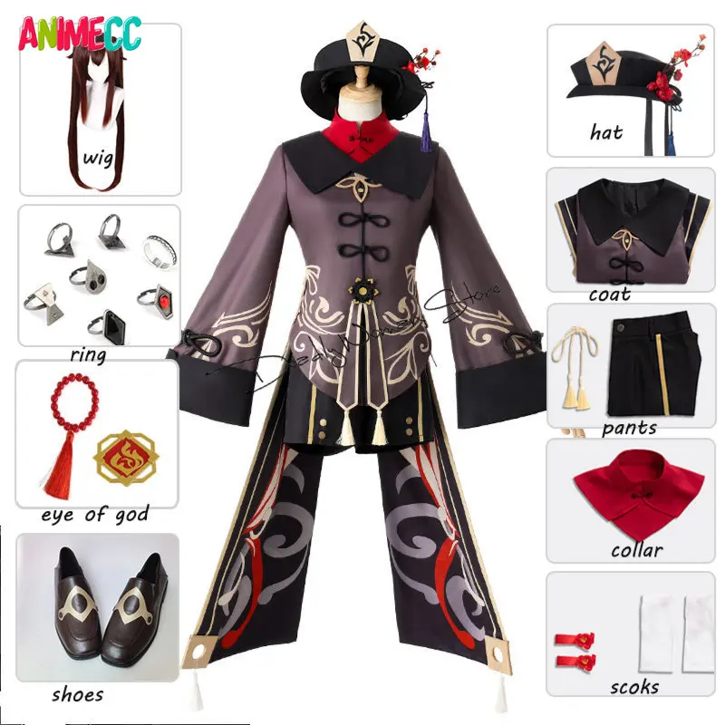 

Adult Kid Game Genshin Impact Hu Tao Cosplay Costume Wig Shoes Rings Hat Anime HuTao Outfit Halloween Costume for Women Girl Men