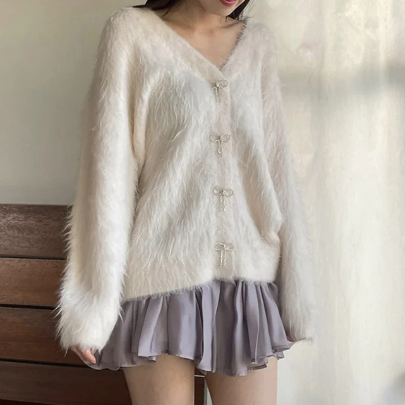 Soft Knit Cardigan Sweaters Diamonds Bow Single Breasted V-neck Long Sleeve Top Autumn Winter Jaoanese Sweet Sueter Mujer