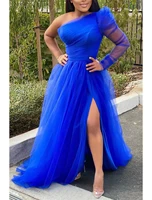 a line plus size sexy high split wedding guest formal evening dress one shoulder long sleeve sweep brush train tulle with slit