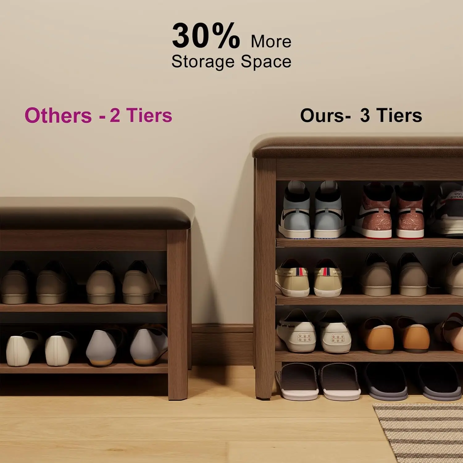 Скамейка для обуви с кожаной подушкой 3-ярусная скамейка хранения регулируемой