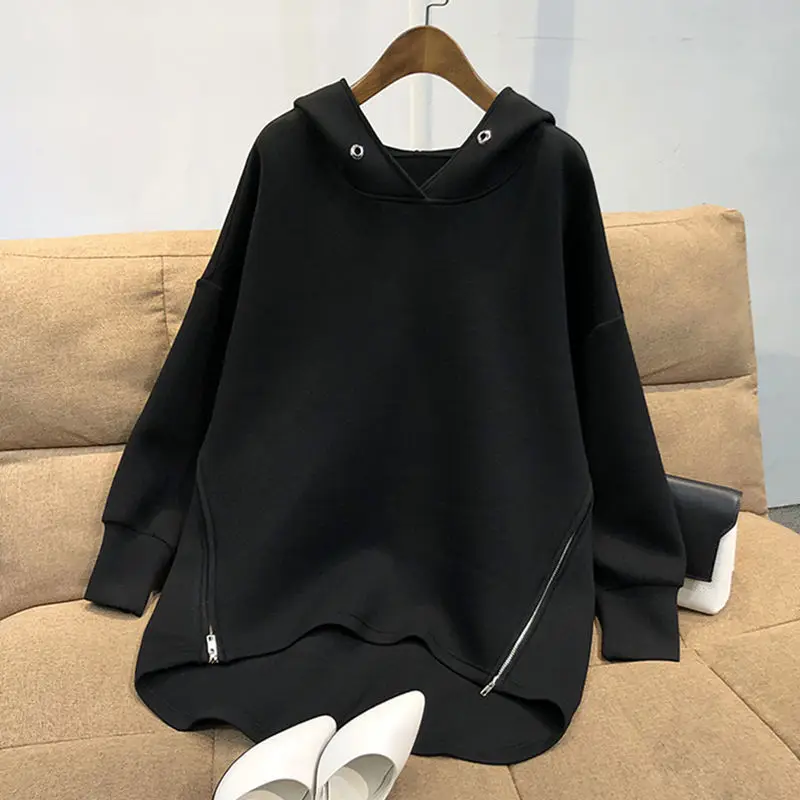 

Women Autumn Korean Thin Long Sleeve Side Zipper Harajuku Loose Oversized Pullovers 2021 Hoodies Sweatshirt Female Solid Jumper