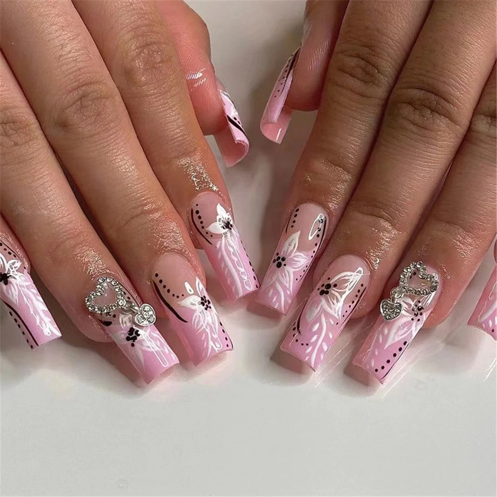 

Накладные ногти для французской балерины Стразы Набор накладных ногтей в форме сердца гроба накладные ногти с дизайном розовых цветов и листьев