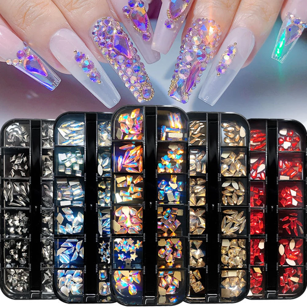 

12 Grid Set Boxed Flat Bottomed Irregular Colored Glass Diamond Fiber Nails Jewelry Decoration Art Tools Manicure Accessories